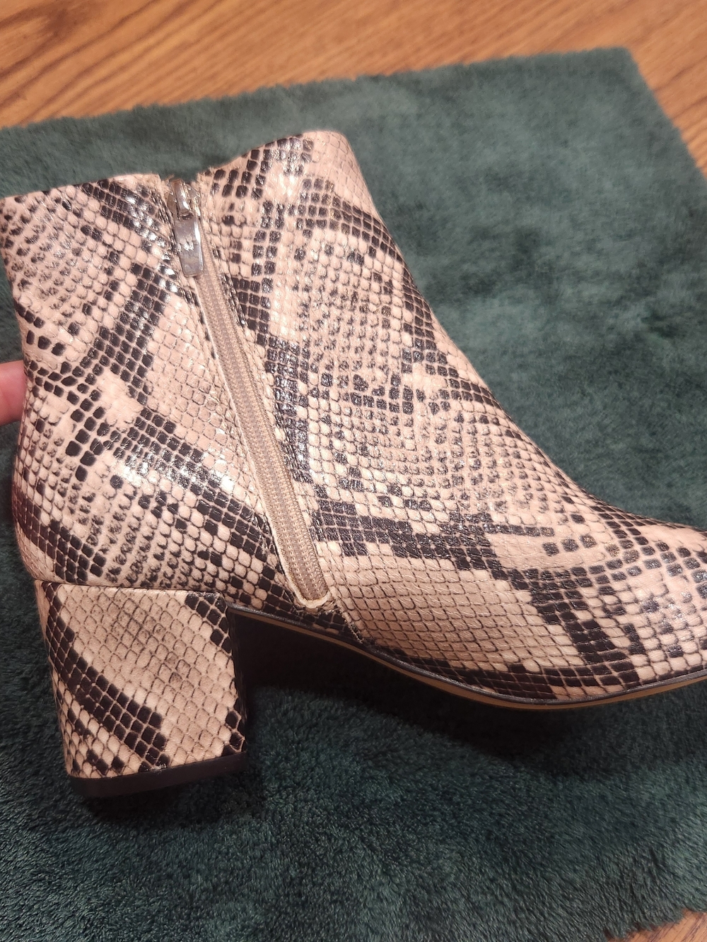Marc Fisher Snake-Print Ankle Boot in Beige and Black